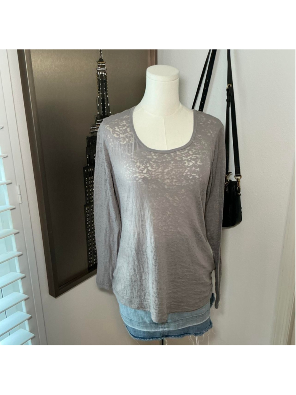 Mudd Gray Burnout Sheer Long Sleeve Top Size XL Y2K